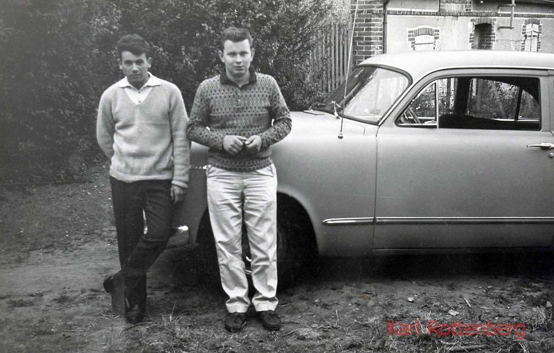 1960 - Me (left) and a friend in my Dodge on a drive in the French country side.jpg