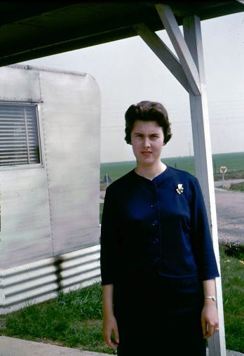 Apr 1963 Pat on front porch of trailer in Dreux Air Force Base about 20+ miles from Paris..jpg