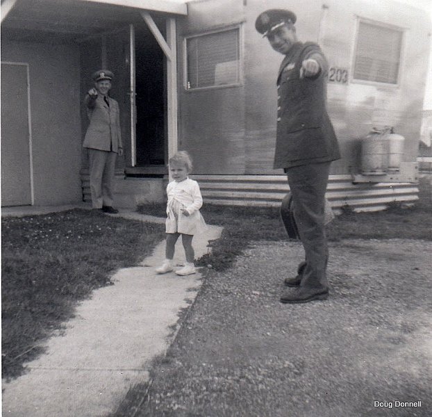 Arrival-on-base-Aug61.jpg - Our Temporary Quarters. Commander John Butler, My Sister Susie, and My Father -Don Donell