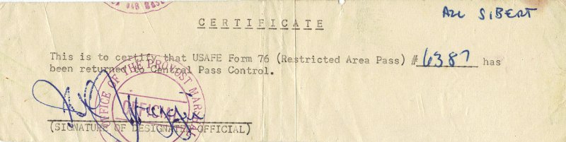 A2C Sibert Turned In His Restricted Area Pass March 1961 .JPG