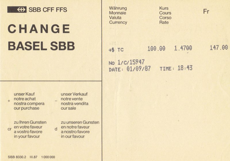 Change French Francs to Swiss Francs Sept 1987.JPG