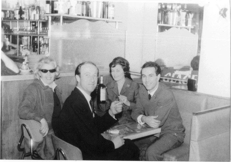 From Basel Switzerland in Paris 1961.JPG - Olga  and Gilbert Martin on this side of the table and Nelly Yaermann from Basel Switzerland with unnamed boyfriend on the other.1961