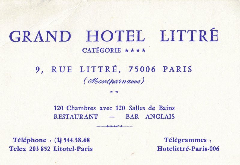 Littre Hotel Paris France Card 1961.JPG