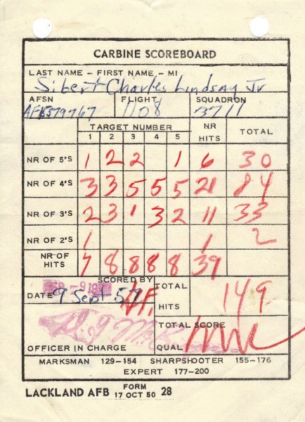 Carbine Scoreboard Lackland AFB Sept 9 1957.JPG